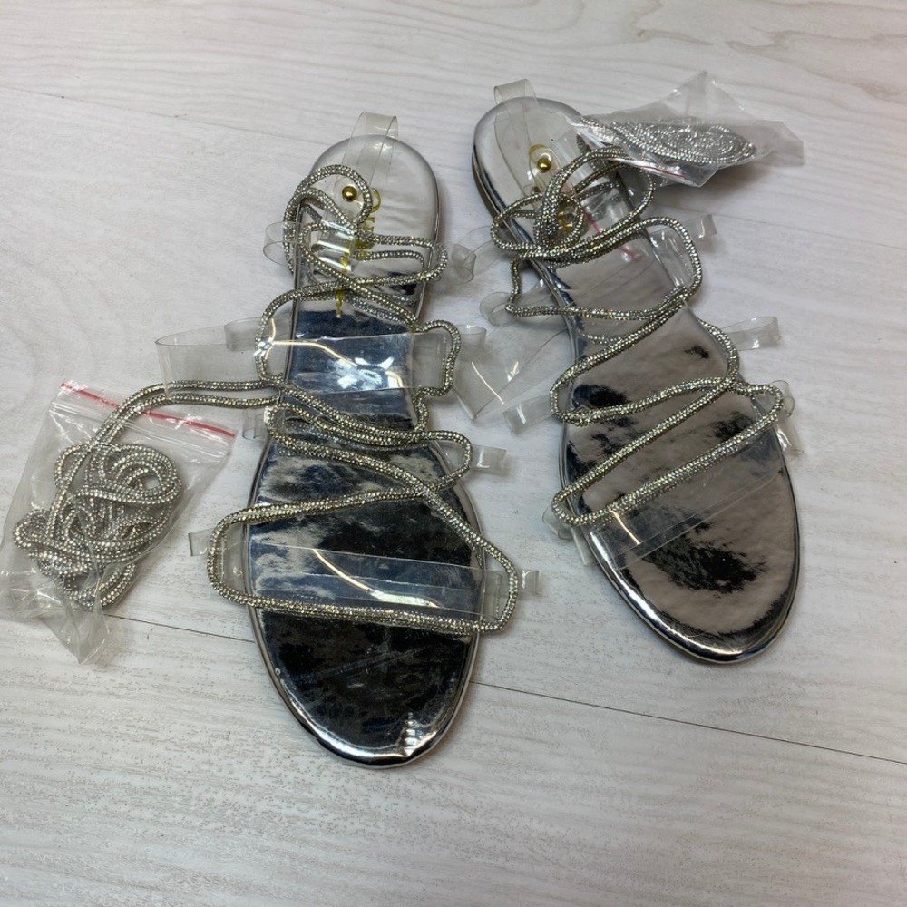 Olivia Jaymes Womens 8 Gladiator Sandals Lace Up Silver Rhinestone Clear Straps